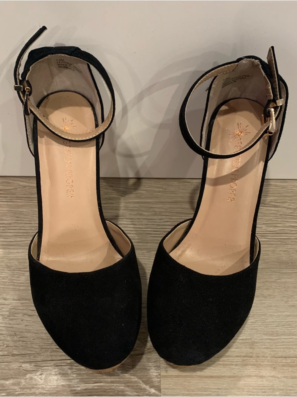 Boston Proper Black Suede Wedge Sandals With Ankle-Strap SZ 7.5
